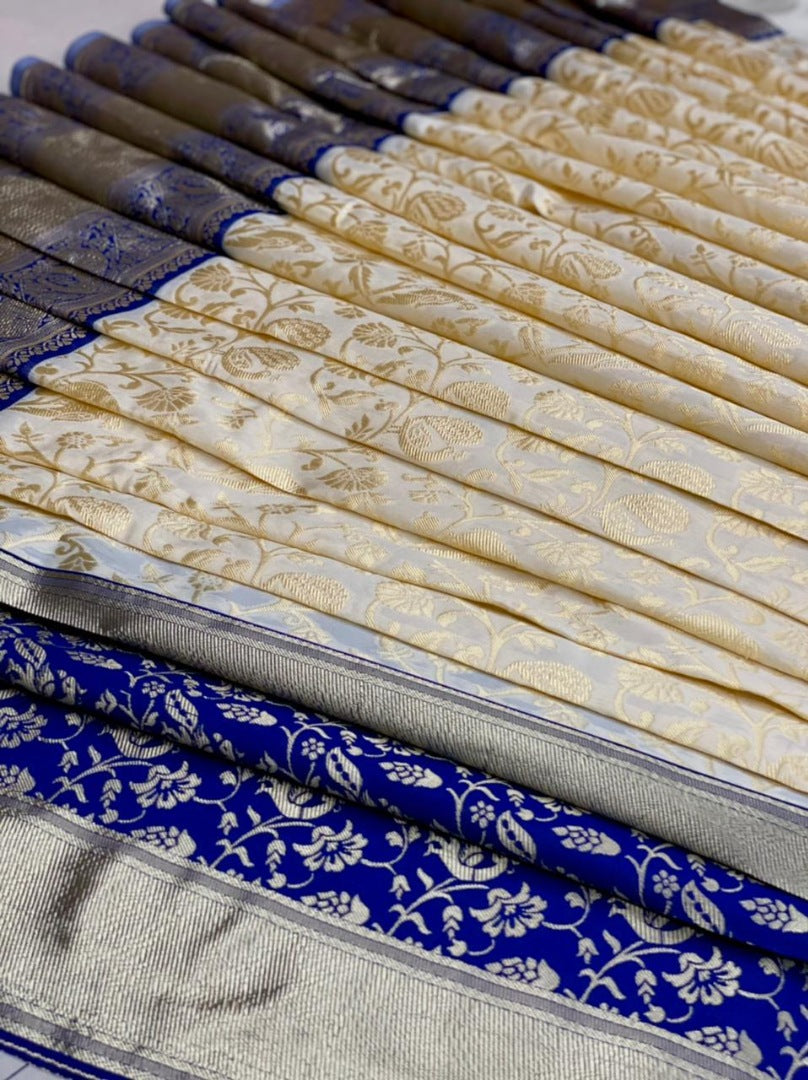 Grey soft kanjiwaram silver jacquard weaving work ceremonial saree