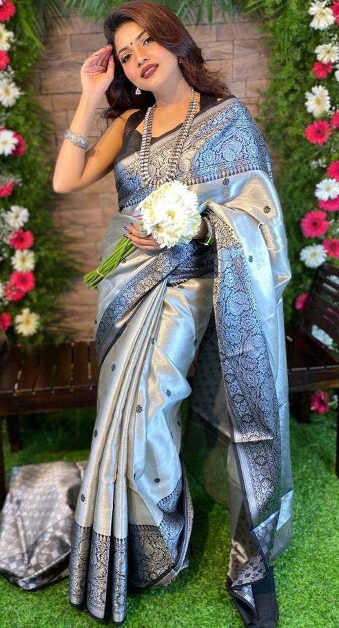 Grey soft lichi silk jacquard weaving work party wear saree