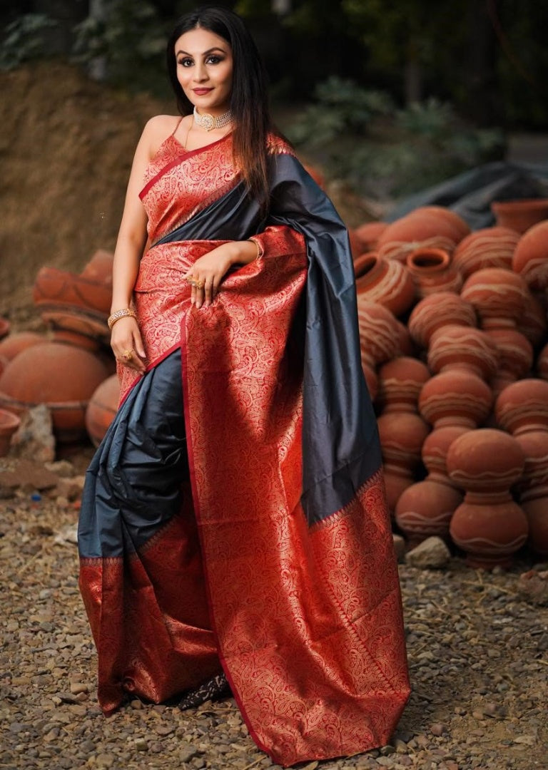 Grey soft lichi silk jacquard weaving work saree