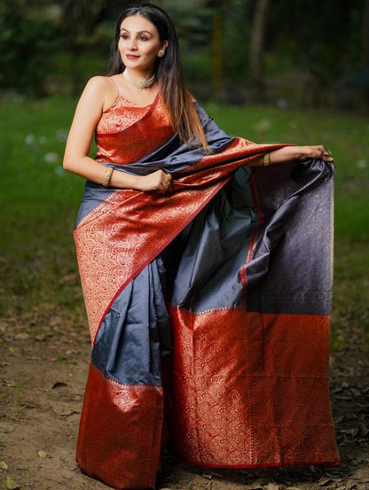 Grey soft lichi silk jacquard weaving work saree