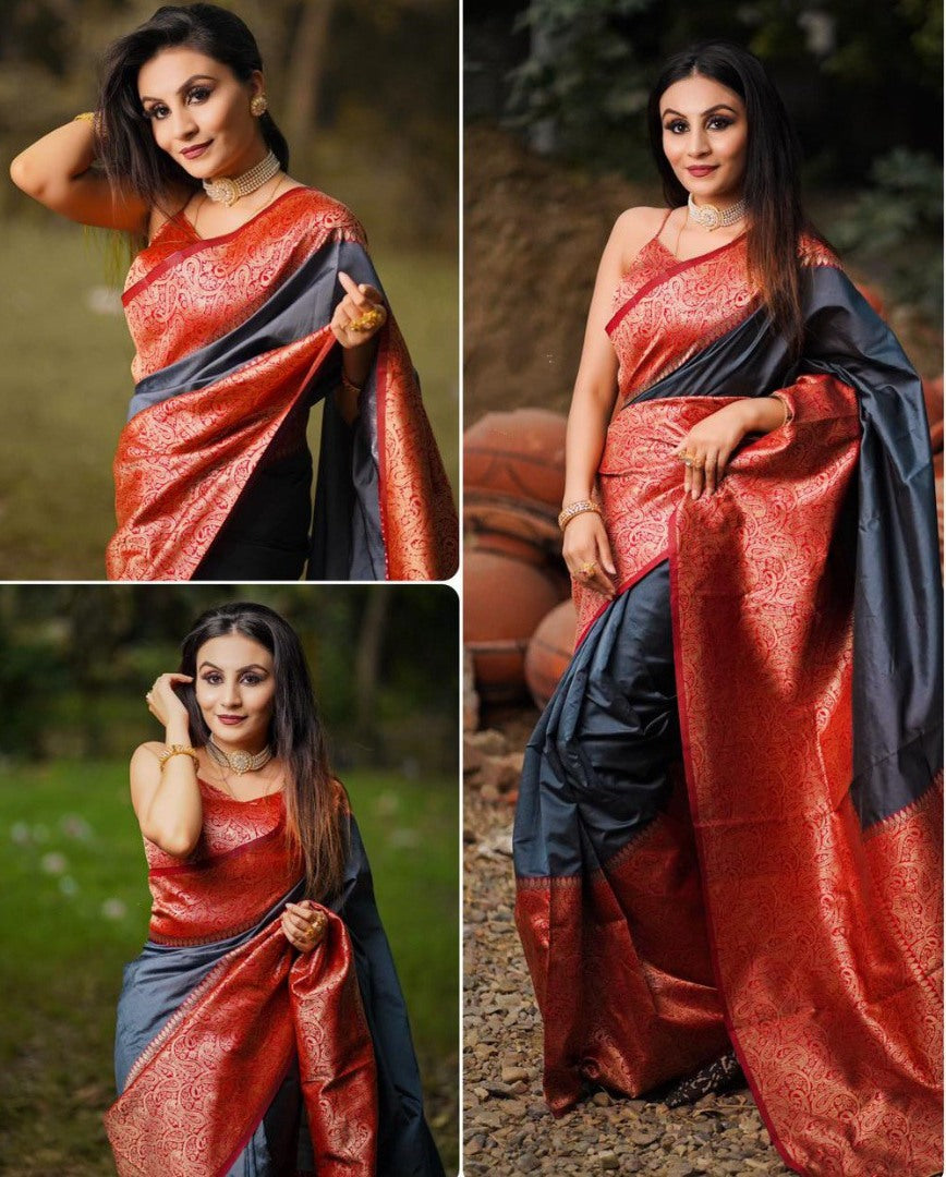 Grey soft lichi silk jacquard weaving work saree
