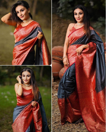 Grey soft lichi silk jacquard weaving work saree