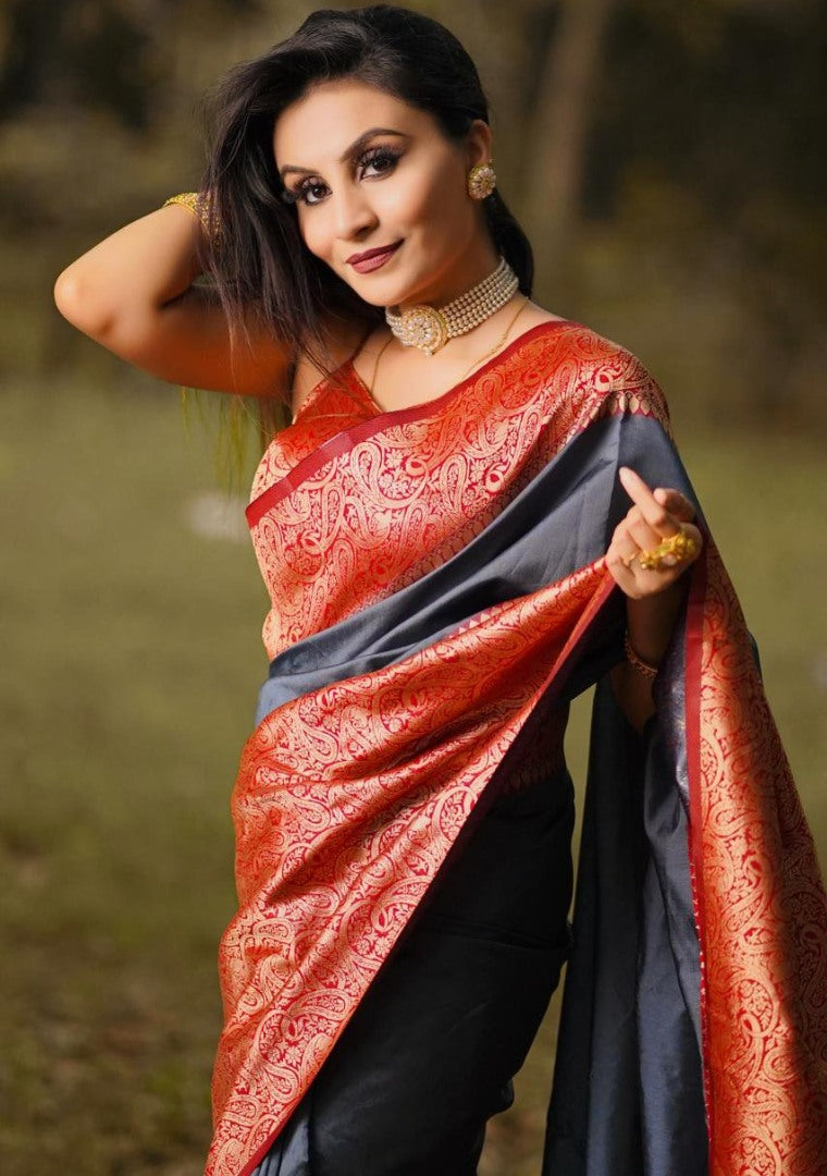 Grey soft lichi silk jacquard weaving work saree