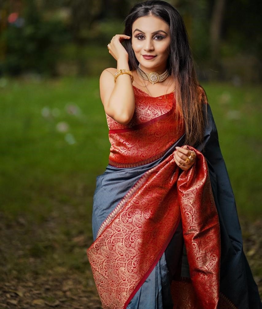 Grey soft lichi silk jacquard weaving work saree