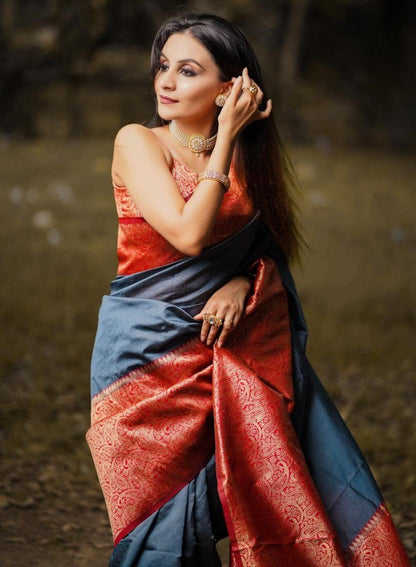 Grey soft lichi silk jacquard weaving work saree