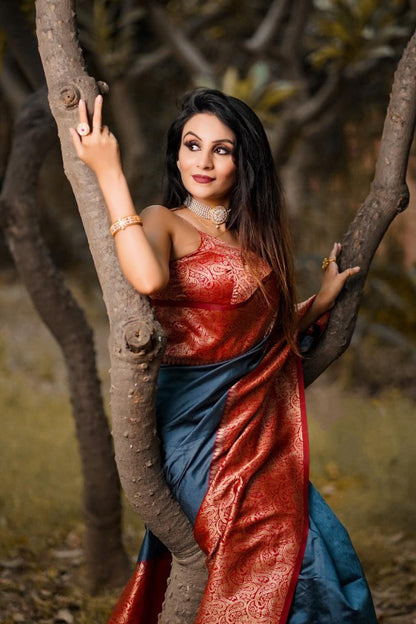 Grey soft lichi silk jacquard weaving work saree