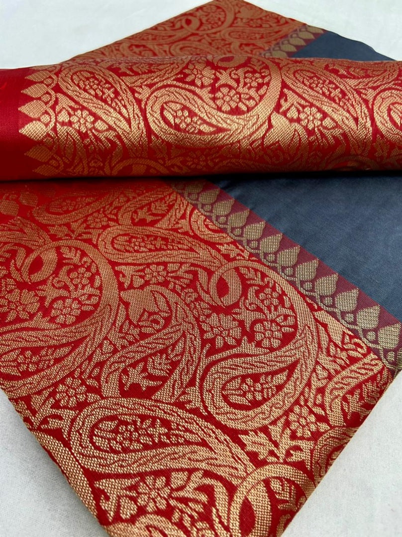 Grey soft lichi silk jacquard weaving work saree