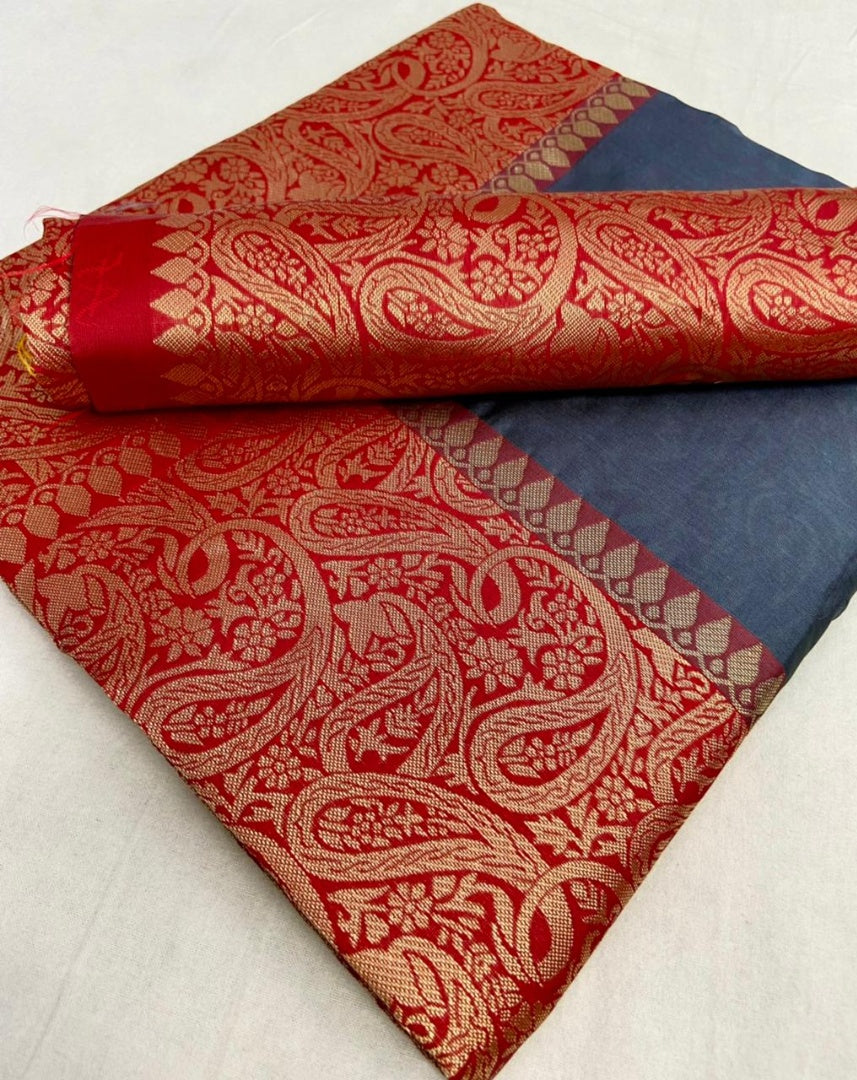 Grey soft lichi silk jacquard weaving work saree