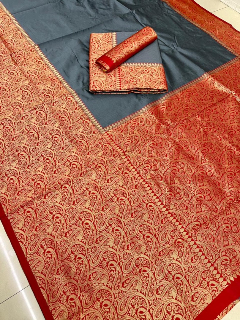 Grey soft lichi silk jacquard weaving work saree