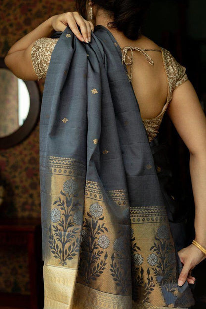 Grey soft lichi silk jacquard weaving work saree