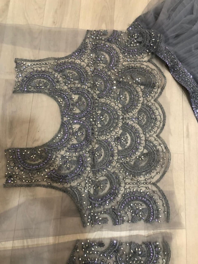 Grey soft net crop top lehenga