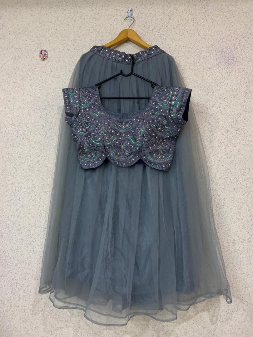 Grey soft net embroidered crop top lehenga