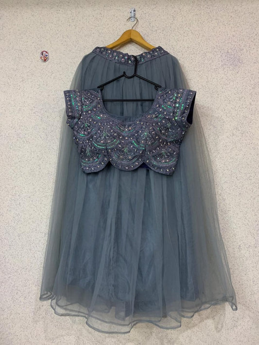 Grey soft net embroidered crop top lehenga