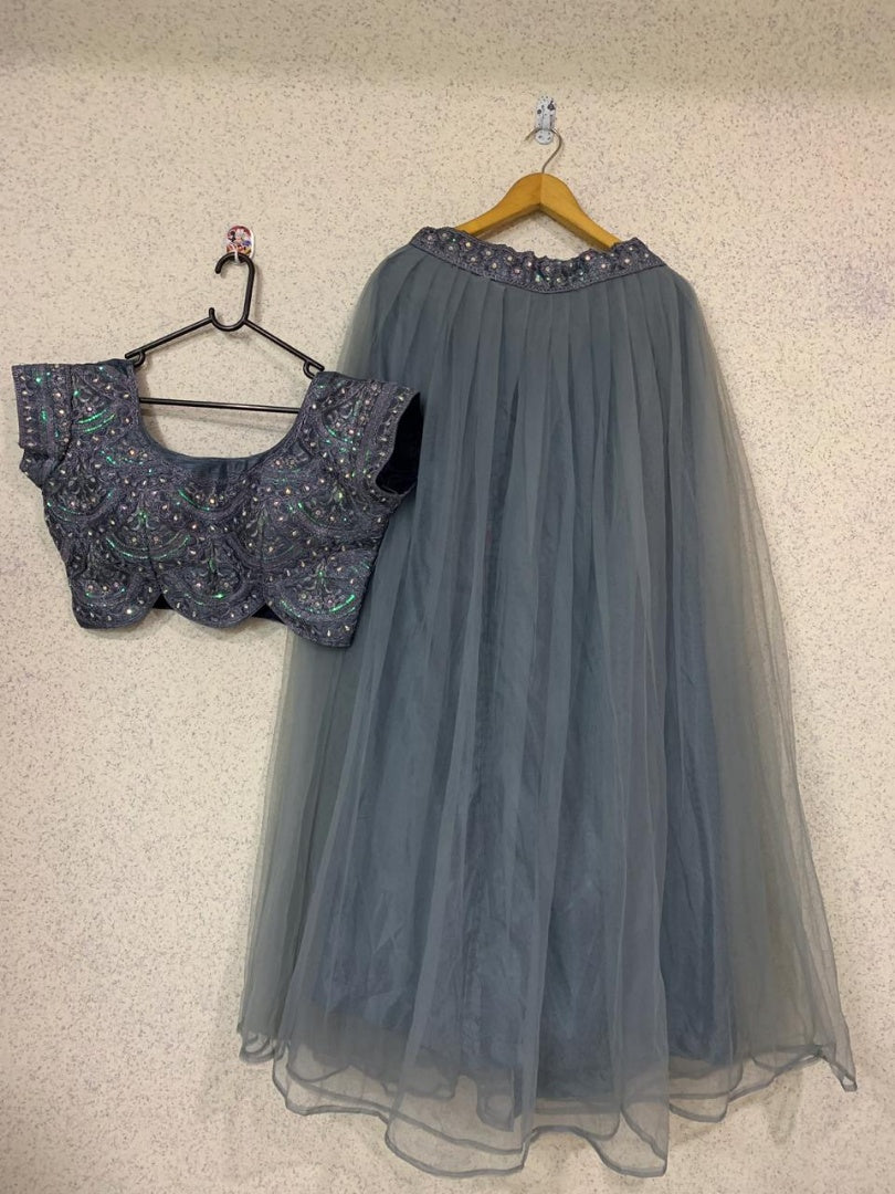 Grey soft net embroidered crop top lehenga