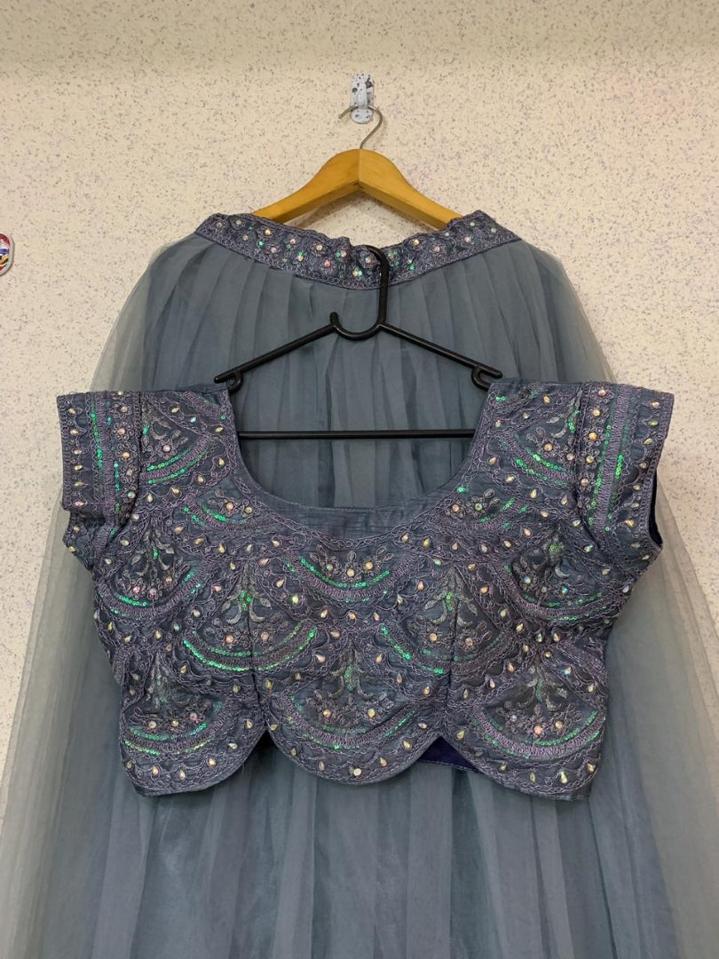 Grey soft net embroidered crop top lehenga