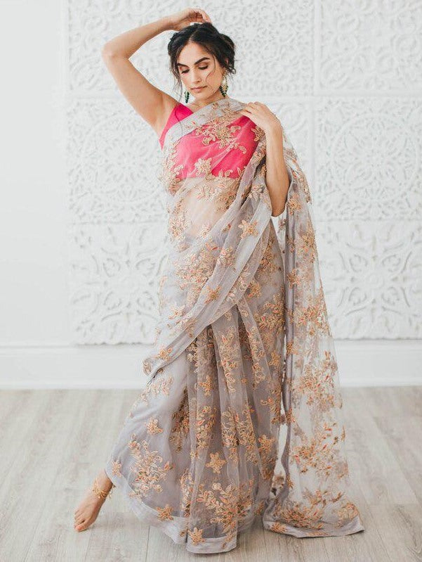 Grey soft net sequence and dori worked beautiful designer saree