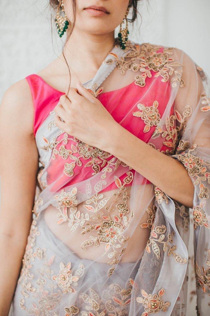 Grey soft net sequence and dori worked beautiful designer saree