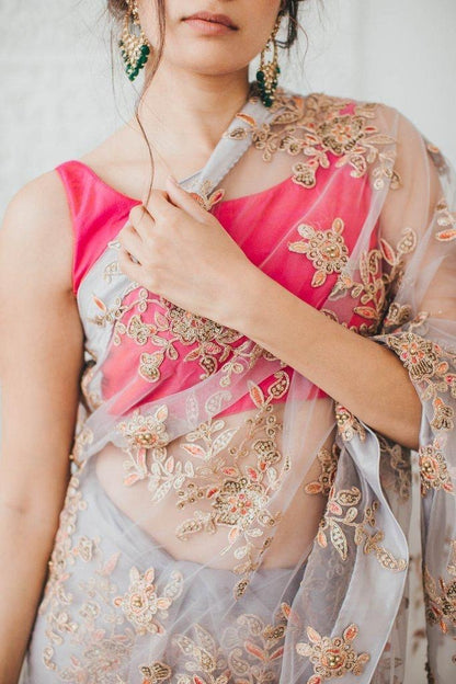 Grey soft net sequence and dori worked beautiful designer saree