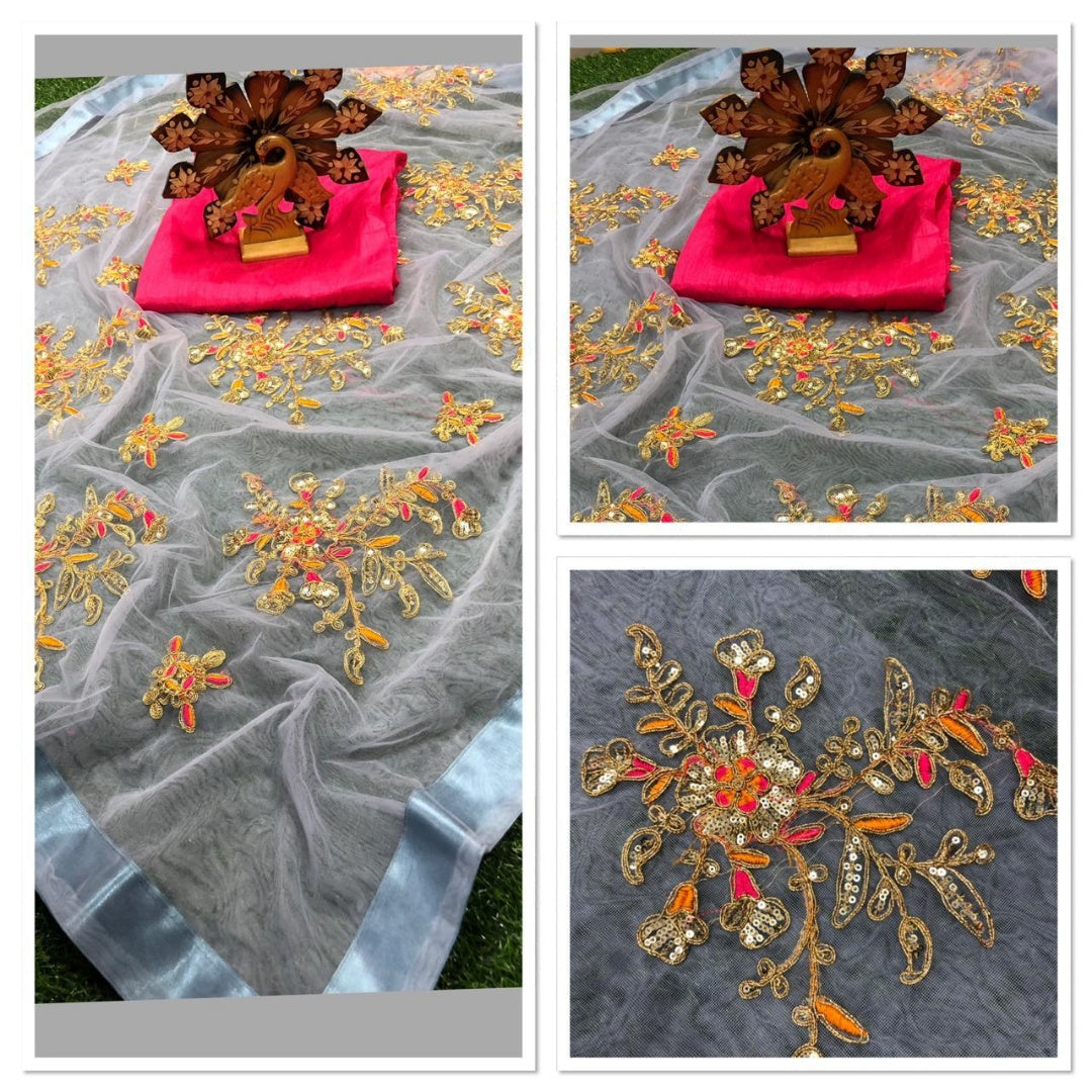 Grey soft net sequence and dori worked beautiful designer saree