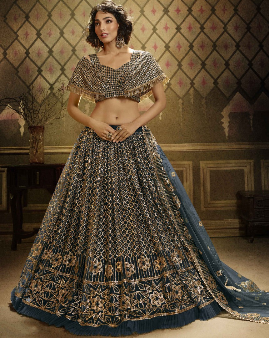 Grey soft net sequence work bridal lehenga choli