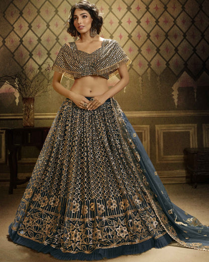 Grey soft net sequence work bridal lehenga choli