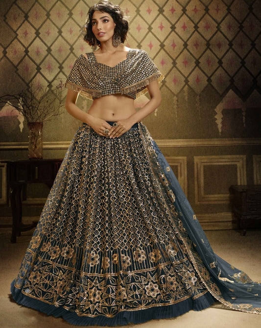 Grey soft net sequence work bridal lehenga choli
