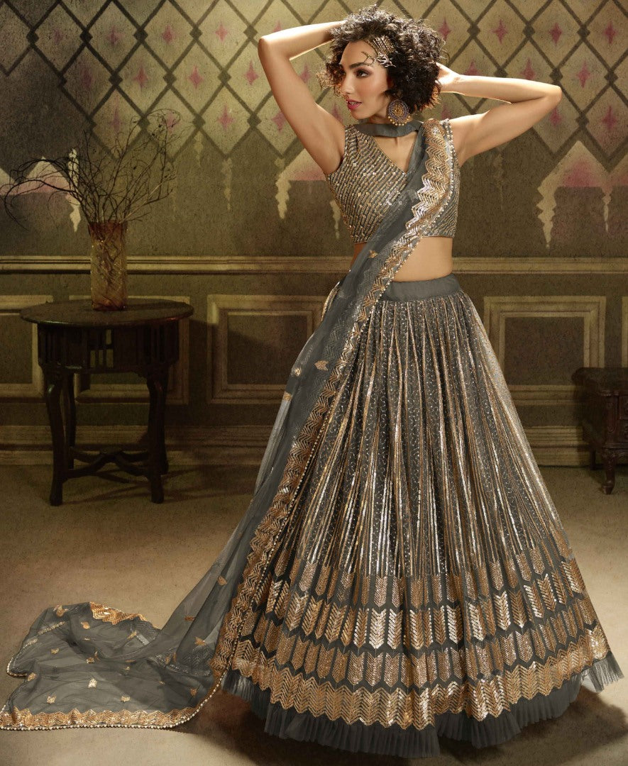 Grey soft net sequence work bridal lehenga choli