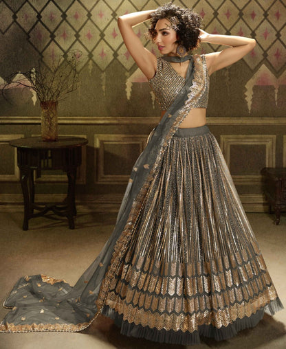 Grey soft net sequence work bridal lehenga choli