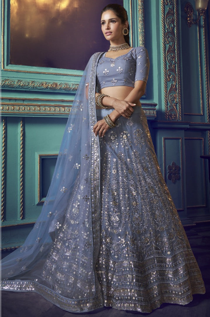 Grey soft net sequence work bridal lehenga choli