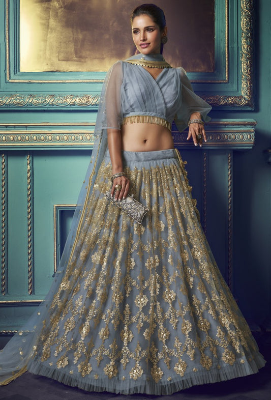 Grey soft net sequence work bridal lehenga choli