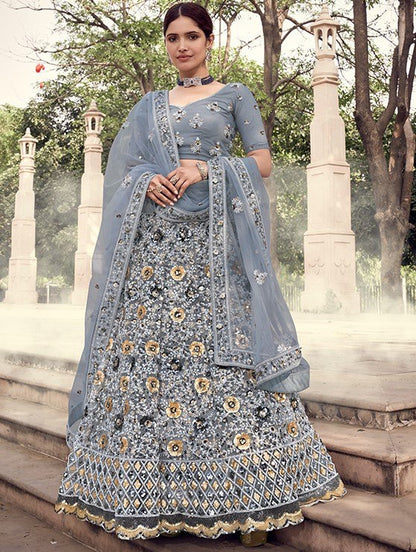 Grey soft net sequence work bridal lehenga choli
