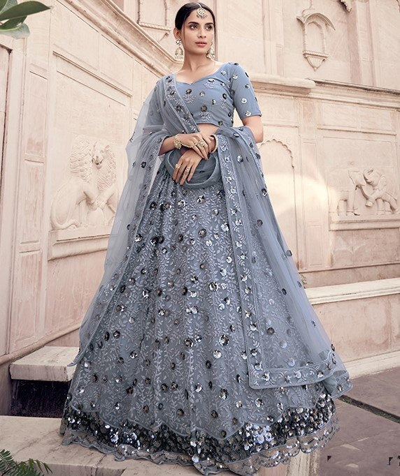 Grey soft net sequence work bridal lehenga choli