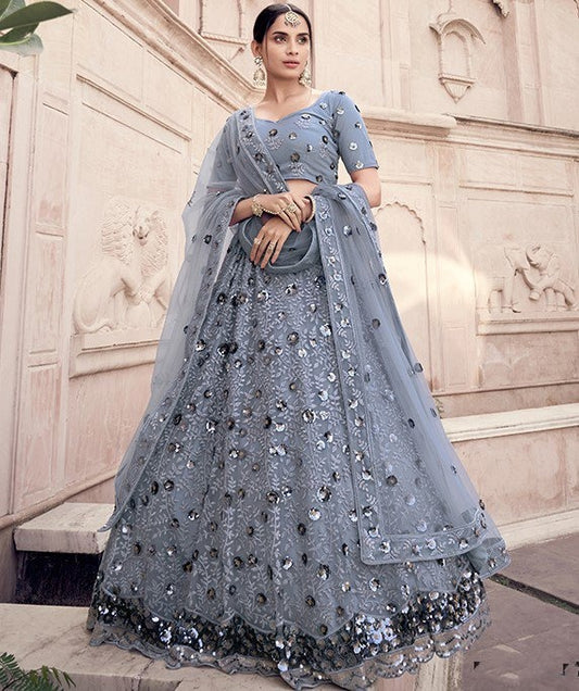 Grey soft net sequence work bridal lehenga choli