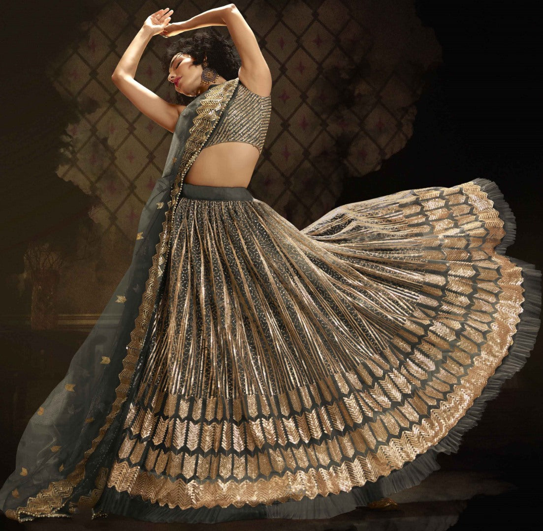 Grey soft net sequence work bridal lehenga choli