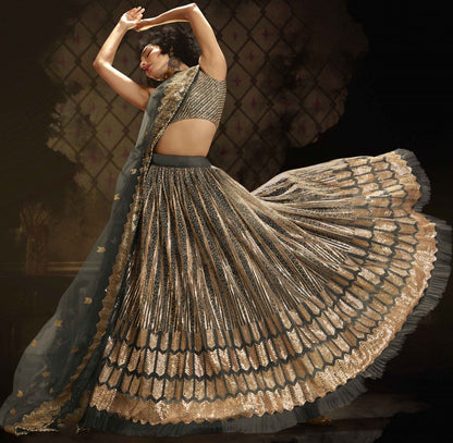 Grey soft net sequence work bridal lehenga choli