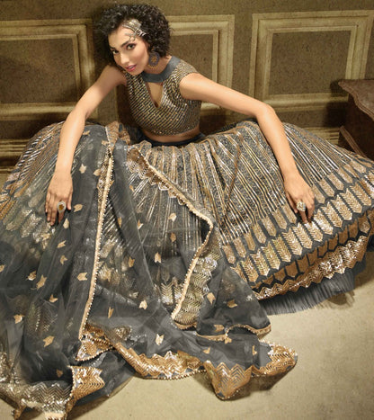 Grey soft net sequence work bridal lehenga choli