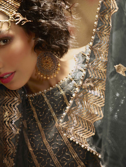 Grey soft net sequence work bridal lehenga choli