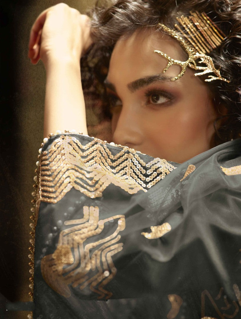 Grey soft net sequence work bridal lehenga choli