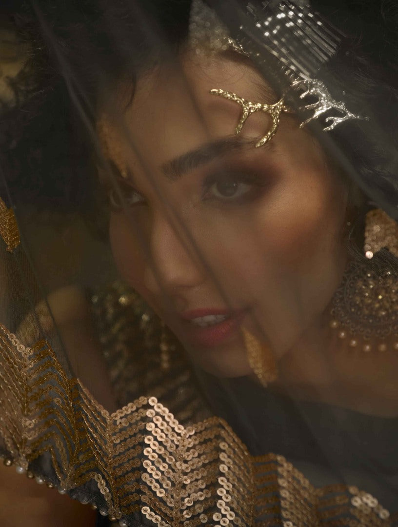 Grey soft net sequence work bridal lehenga choli