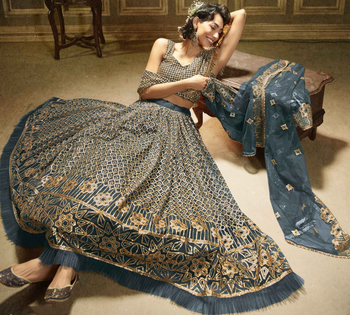 Grey soft net sequence work bridal lehenga choli