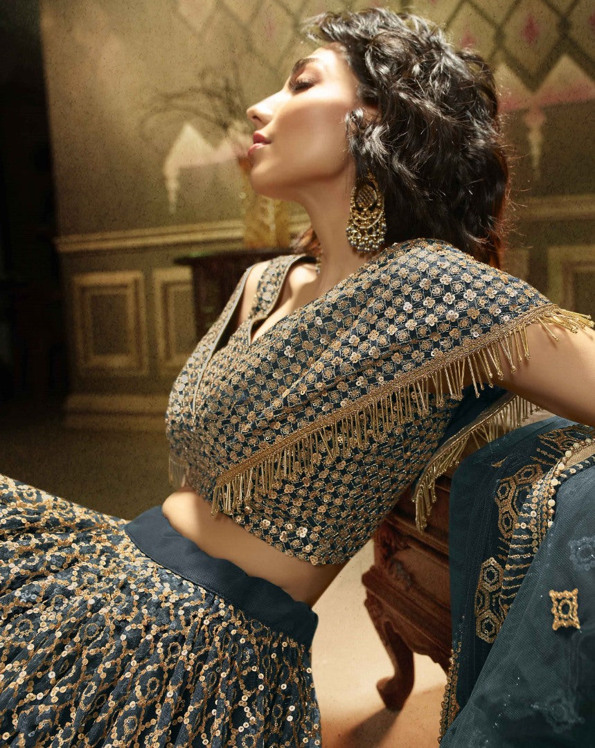 Grey soft net sequence work bridal lehenga choli