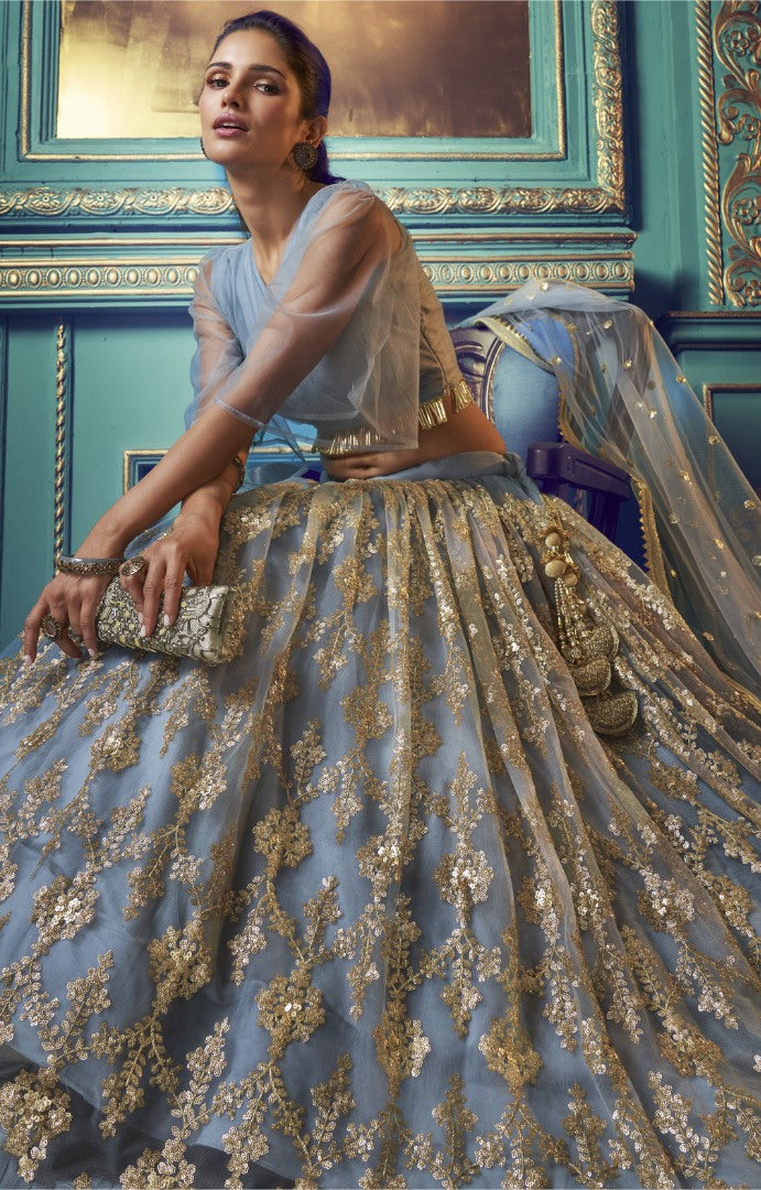Grey soft net sequence work bridal lehenga choli