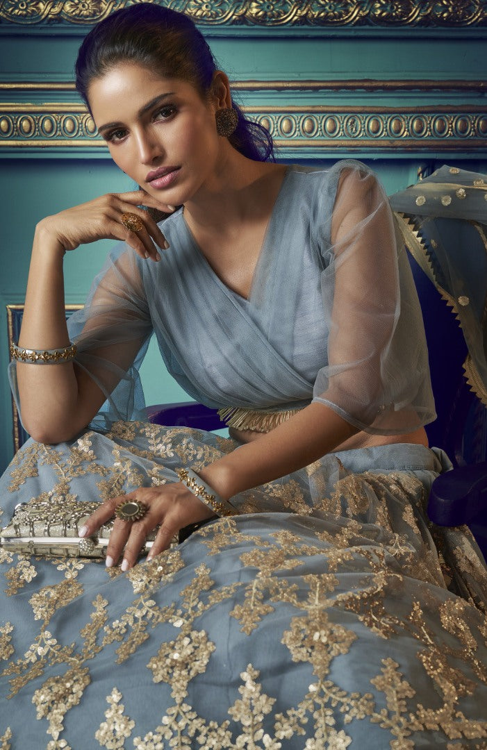 Grey soft net sequence work bridal lehenga choli