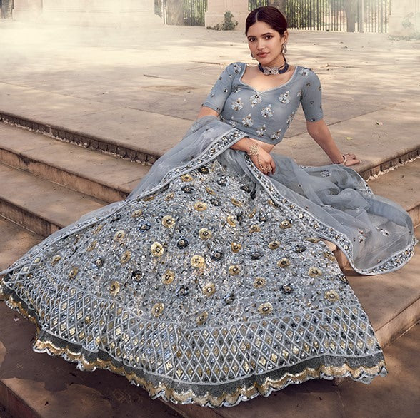Grey soft net sequence work bridal lehenga choli