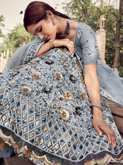 Grey soft net sequence work bridal lehenga choli