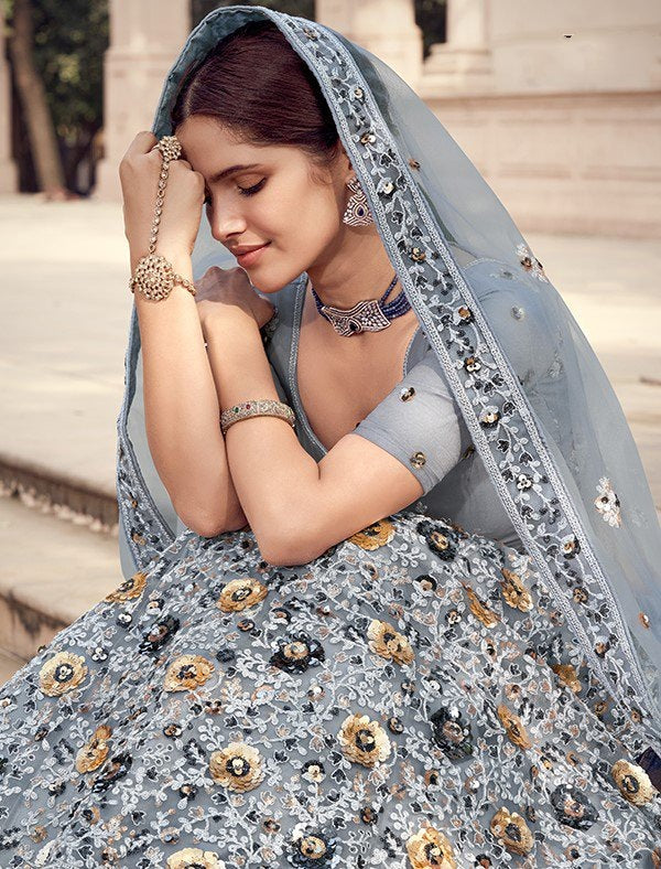 Grey soft net sequence work bridal lehenga choli