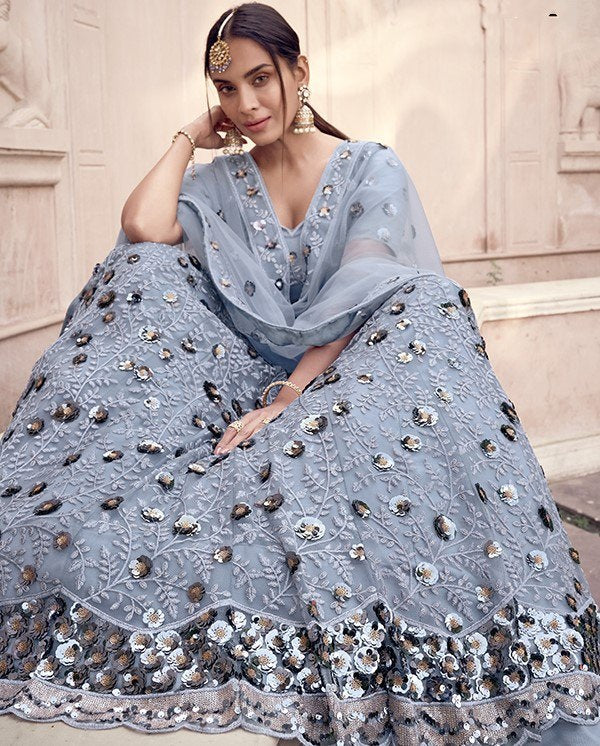 Grey soft net sequence work bridal lehenga choli