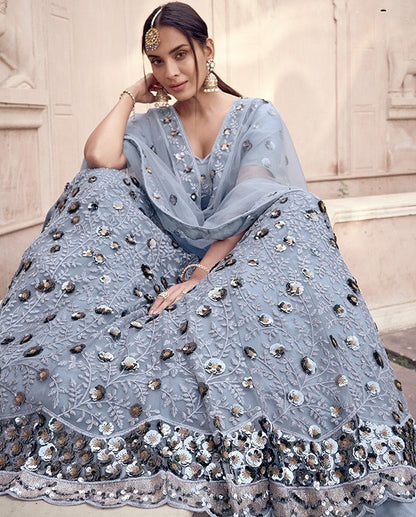 Grey soft net sequence work bridal lehenga choli