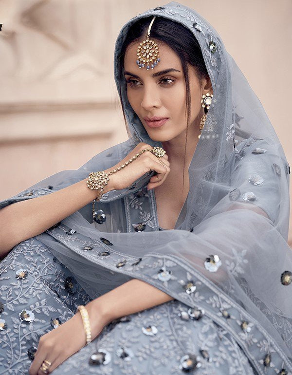 Grey soft net sequence work bridal lehenga choli