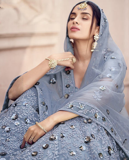 Grey soft net sequence work bridal lehenga choli